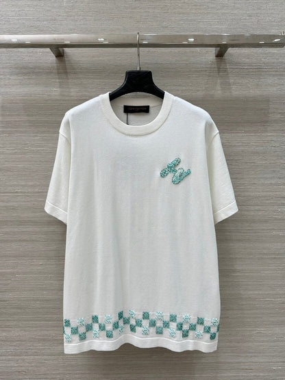 LV 25 Plaid Beading Embroidered Letters Casual T-Shirt White Beige Cotton