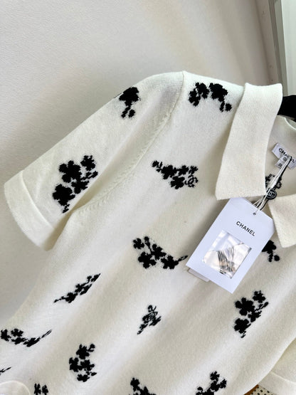 Chanel 2026 Floral Print Polo Shirt Black and White Cotton