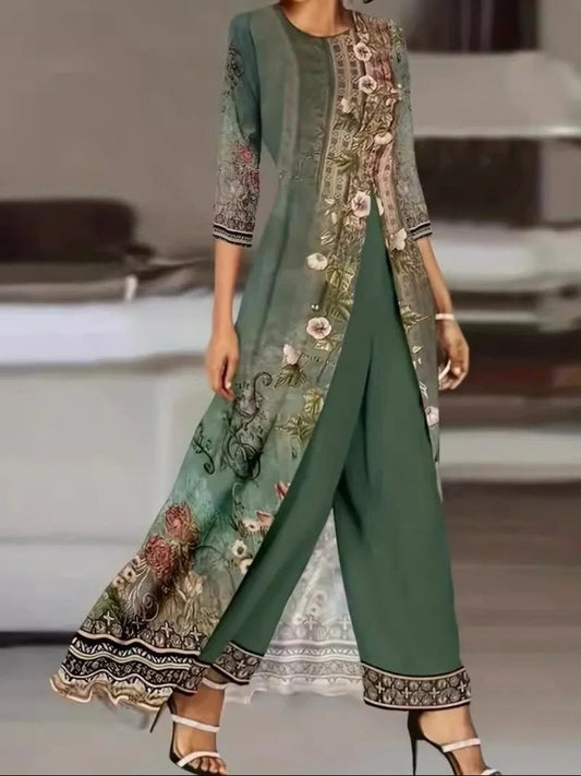 Jade | Women's Floral Print Two-Piece Set Long Top & Wide Leg Pants