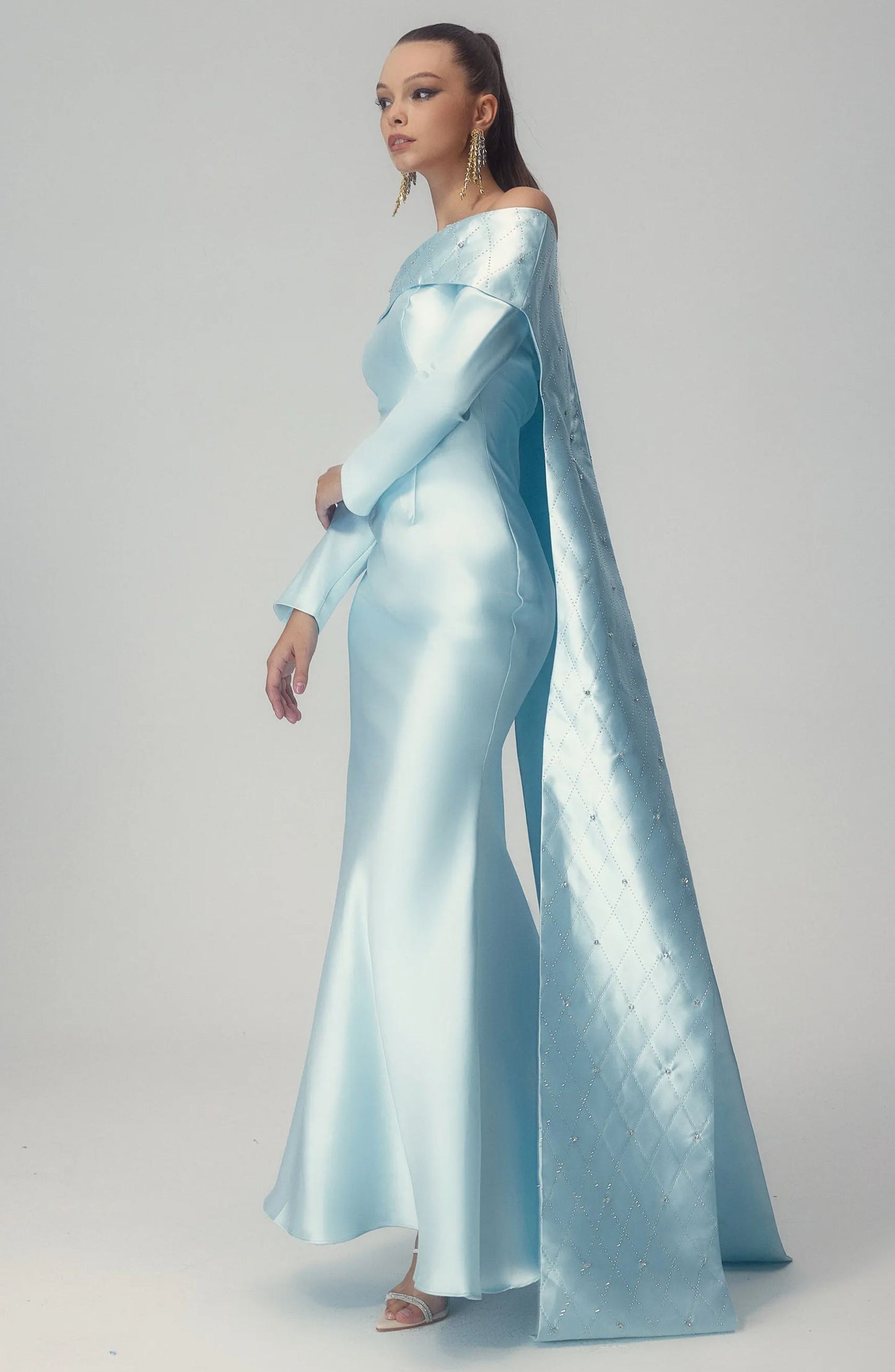Maureen Off-Shoulder Cape Maxi Satin Dress