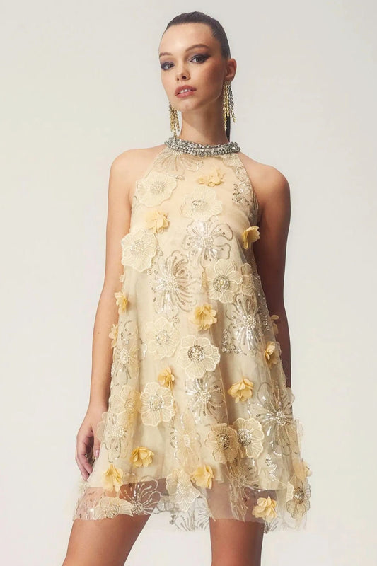 Minivestido con lentejuelas bordadas y estampado floral estilo halter Ella 