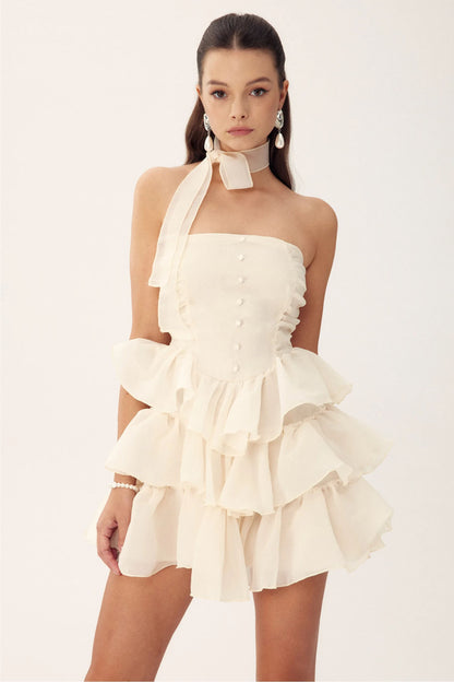 Vestido mini de gasa con volantes y sin tirantes Janice 