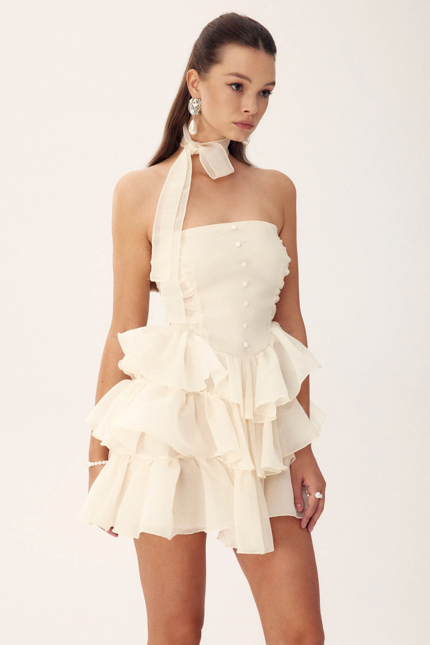 Vestido mini de gasa con volantes y sin tirantes Janice 