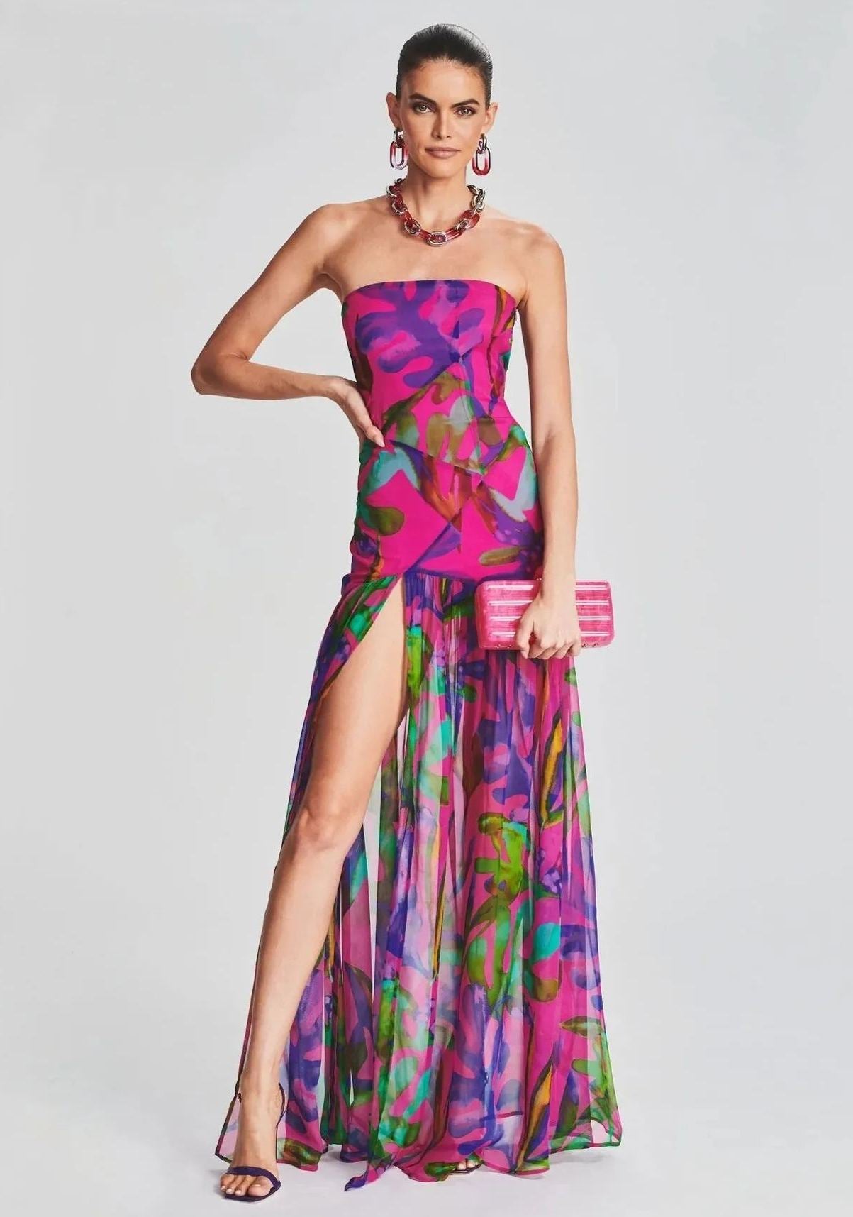 Vestido largo sin tirantes con abertura y estampado Pam 