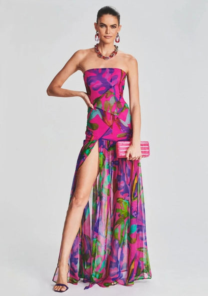 Vestido largo sin tirantes con abertura y estampado Pam 