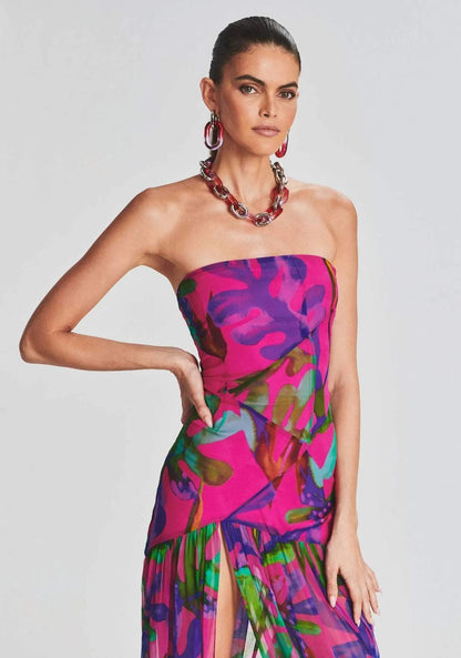 Vestido largo sin tirantes con abertura y estampado Pam 