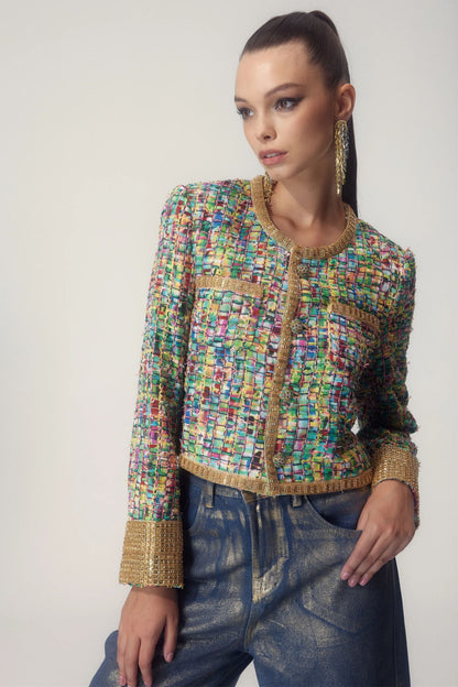 Chaqueta estampada Valentina con adornos de cuentas 