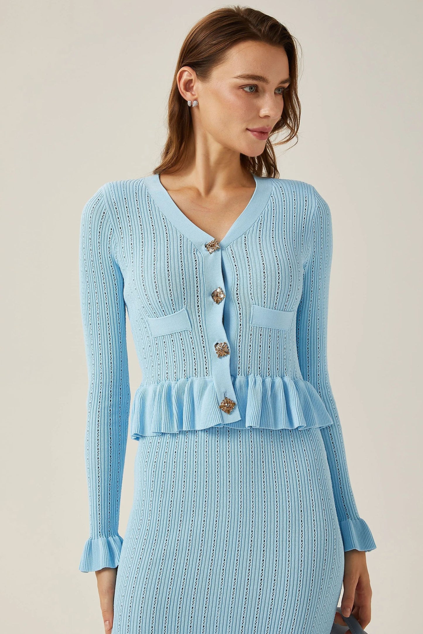 Conjunto de falda de punto acampanada con cuello en V Miriam 