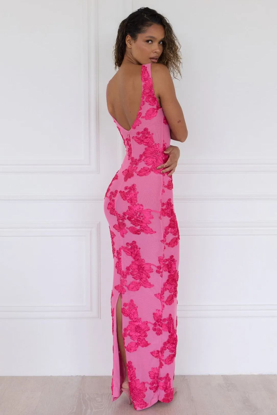 Barbara Floral Appliqu茅 Mesh Maxi Dress