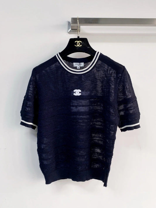Chanel 2026 Short-sleeved Shirt Navy Blue White Tencel Cotton 166800