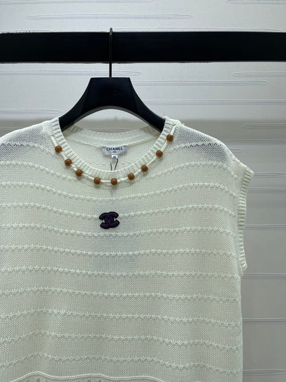 Chanel 2026 Hollow-out Knit Sleeveless Vest Blue and White Cotton 359840
