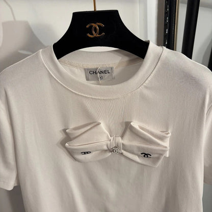 Chanel 2026 Logo Bow Short-sleeved T-shirt White Cotton 150111
