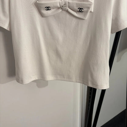 Chanel 2026 Logo Bow Short-sleeved T-shirt White Cotton 150111