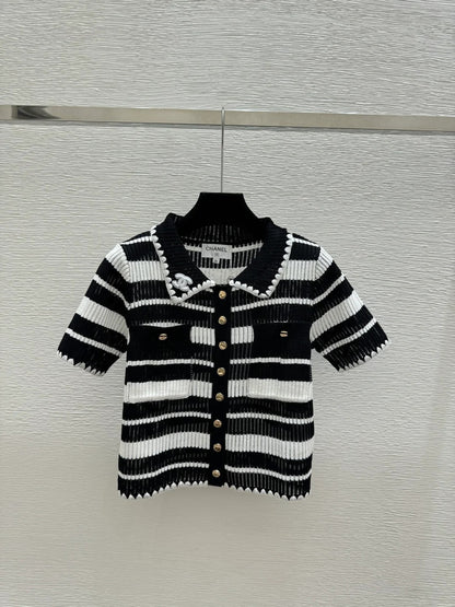 Chanel 2026 Striped Collared Knitted Short-Sleeve Cardigan 170591