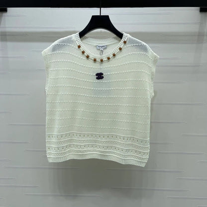 Chanel 2026 Hollow-out Knit Sleeveless Vest Blue and White Cotton 359840