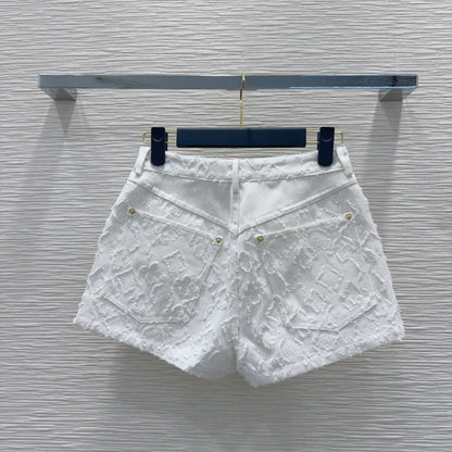 LV 25S Metal Pants Zipper Shorts White Cotton