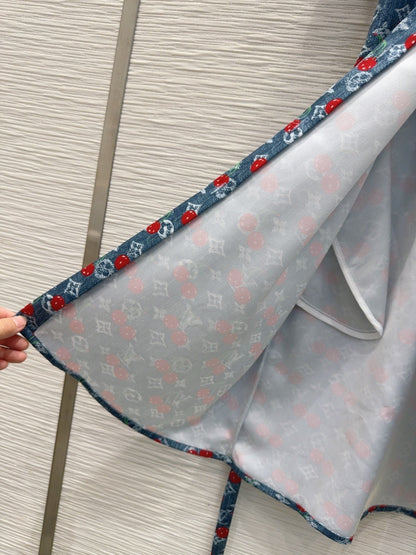 LV 25S Cherry Printed Dress Blue Red Poliester