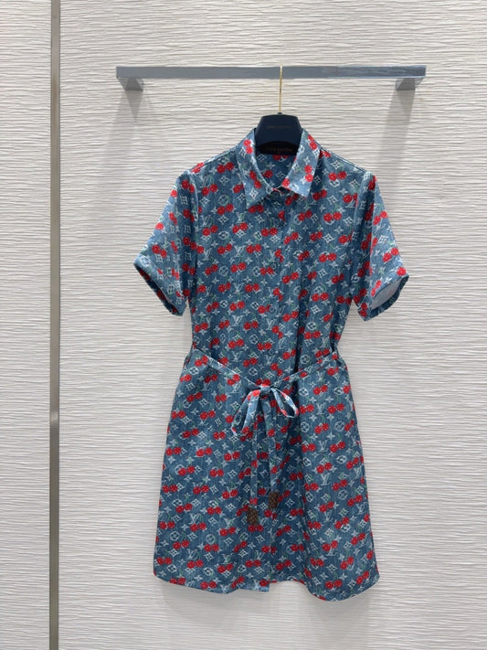 LV 25S Cherry Printed Dress Blue Red Poliester