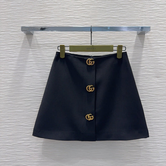 GG Crêpe Skirt With Double G Button Black Wool 346672