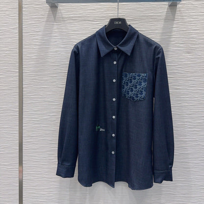 CD Denim Shirt Oblique Patterned Pockets Dark Blue Polyester Viscose 351282