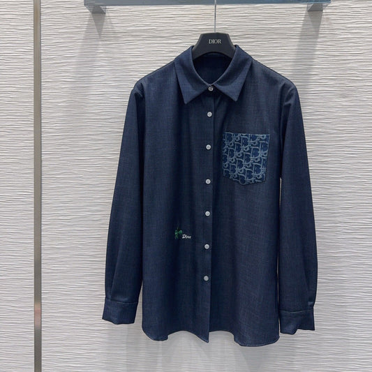 CD Denim Shirt Oblique Patterned Pockets Dark Blue Polyester Viscose 351282