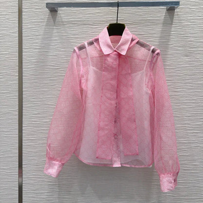 Gucci 2026 GG Tie-neck Printed Chiffon Shirt Pink Polyester 131877