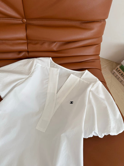 Celine 25 Logo Embroidered Puff Sleeve Shirt Whiet Cotton