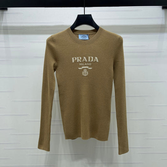 Prada Logo-Intarsia Wool Jumper Camel Wool 351032