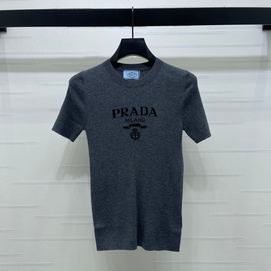 Prada Round Neck Knit Short-Sleeve Top Slate Gray Wool 351042