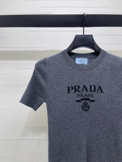 Prada Round Neck Knit Short-Sleeve Top Slate Gray Wool 351042
