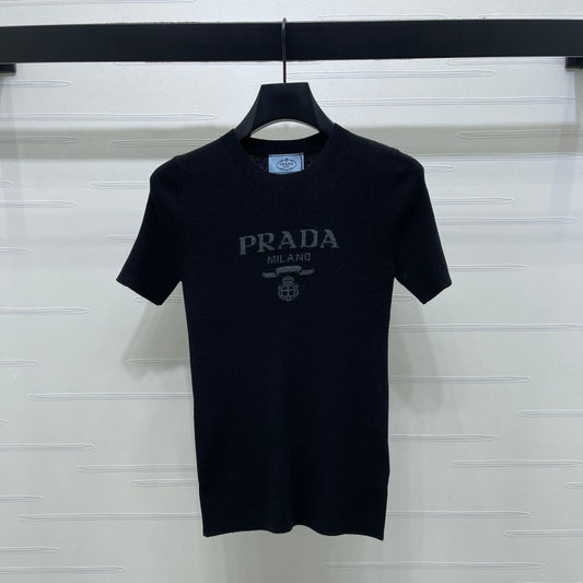 Prada Round Neck Knit Short-Sleeve Top Black Wool 351041