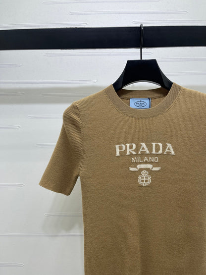 Prada Round Neck Knit Short-Sleeve Top Camel Wool 351040