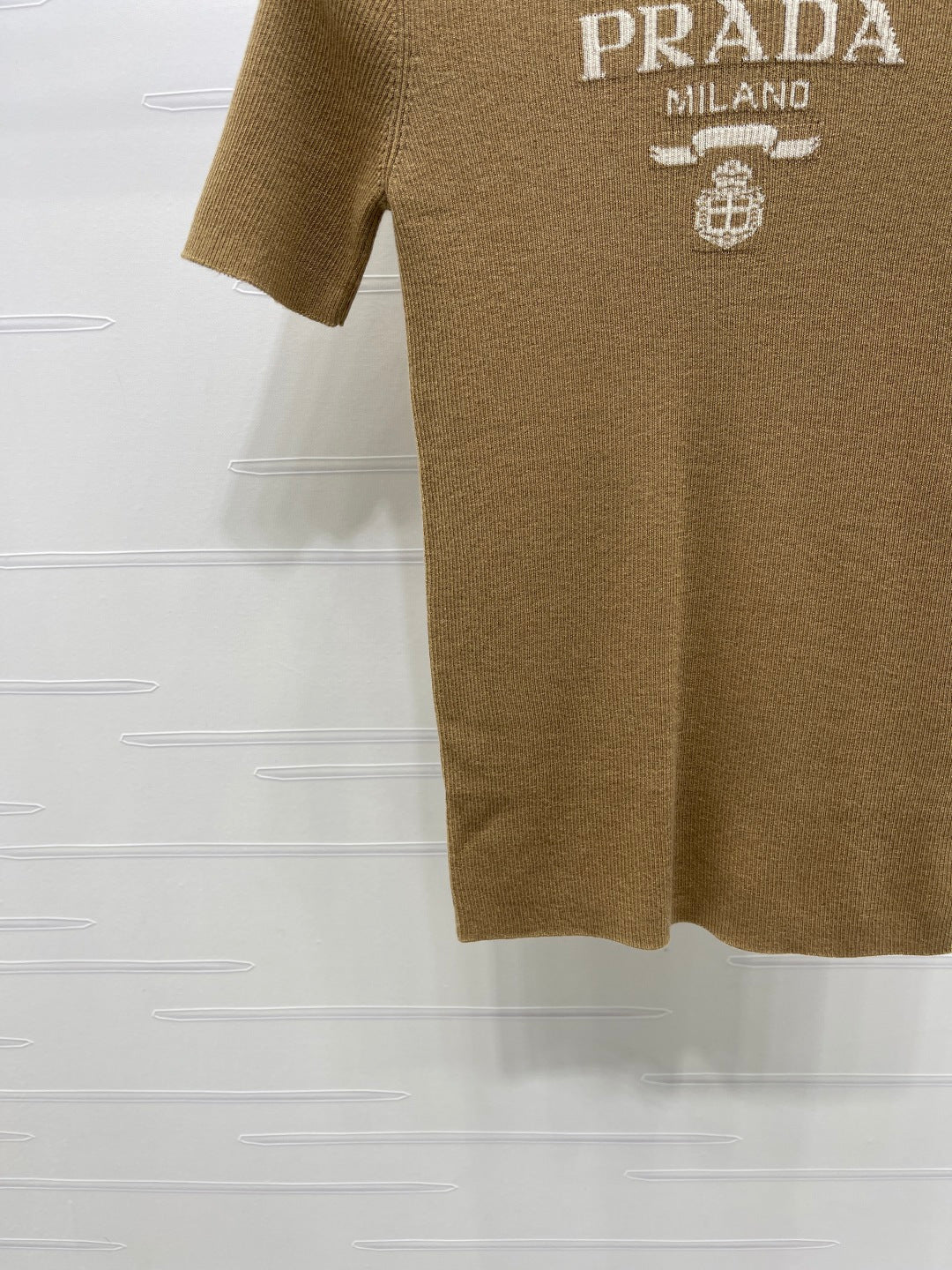 Prada Round Neck Knit Short-Sleeve Top Camel Wool 351040