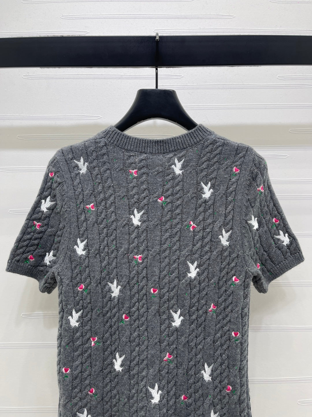 CD SS26 Embroidered Cable-Knit Sweater Bird Rose Grey Cashmere 351088