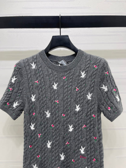 CD SS26 Embroidered Cable-Knit Sweater Bird Rose Grey Cashmere 351088