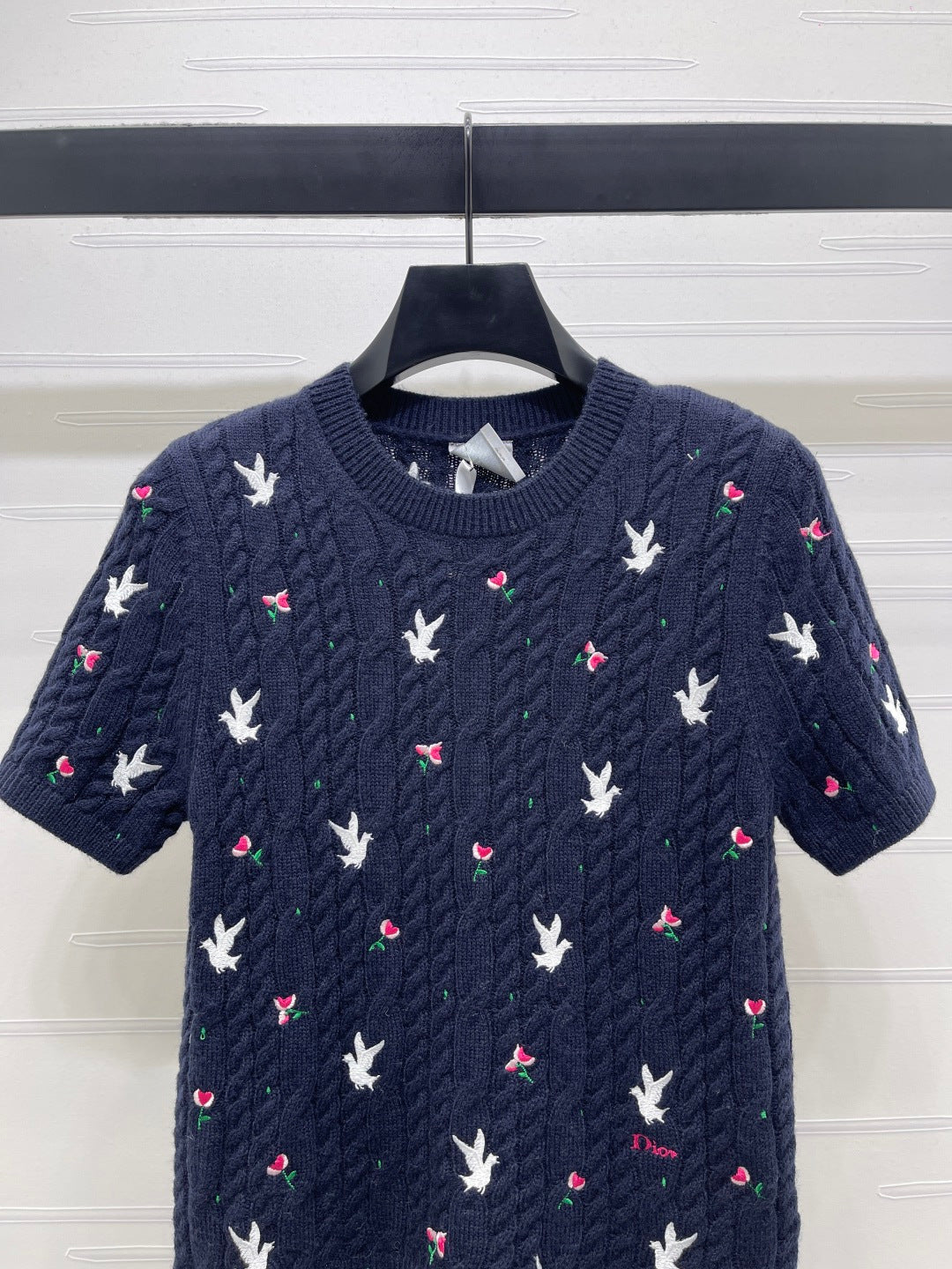 CD SS26 Embroidered Cable-Knit Sweater Bird Rose Navy Blue Cashmere 351087