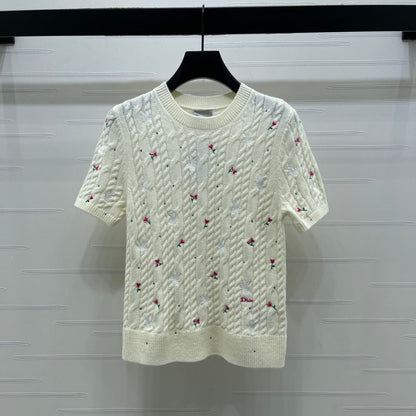 CD SS26 Embroidered Cable-Knit Sweater Bird Rose Inovy Cashmere 351086