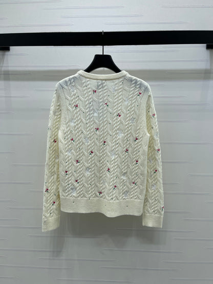 CD SS26 Crew Neck Embroidered Knit Cardigan Ivory Cashmere 351072