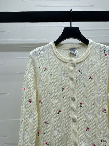 CD SS26 Crew Neck Embroidered Knit Cardigan Ivory Cashmere 351072