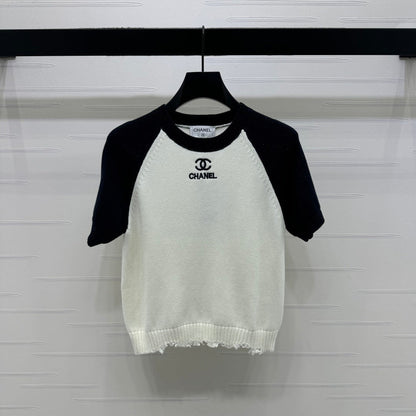 CC Short Sleeve Knitted Sweater White Black Cashmere Wool 351022