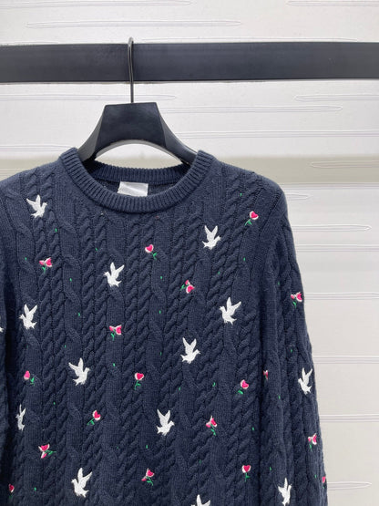 CD SS26 Dioramour Embroidered Cable-Knit Sweater Navy Blue Cashmere 351078