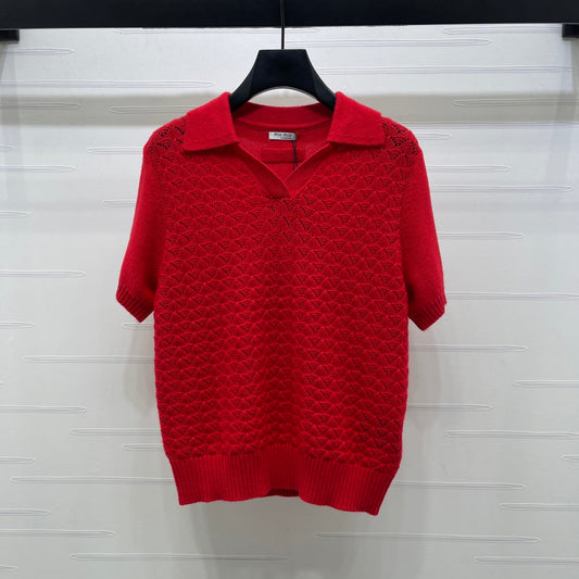 Miu Polo Half-Open Short-Sleeved Top Red Knit 343435