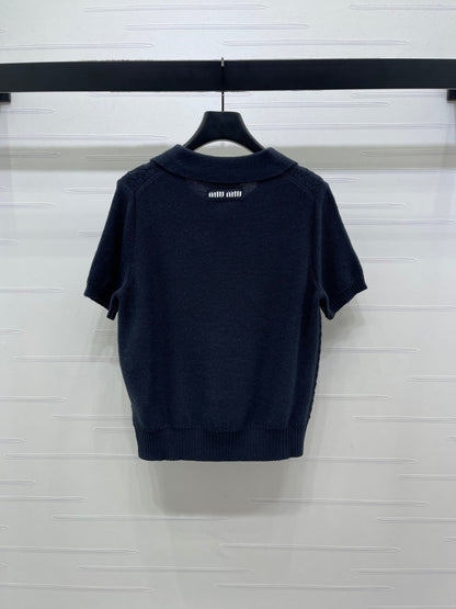 Miu Polo Half-Open Short-Sleeved Top Navy Blue Knit 343436