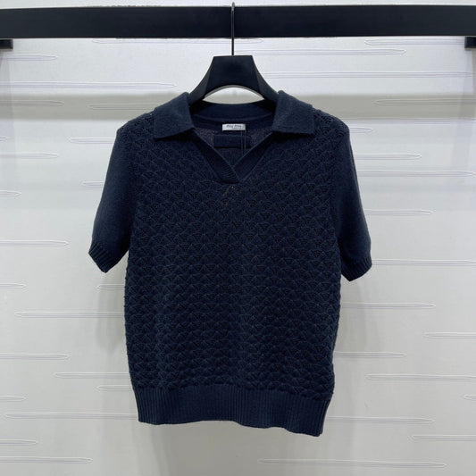 Miu Polo Half-Open Short-Sleeved Top Navy Blue Knit 343436