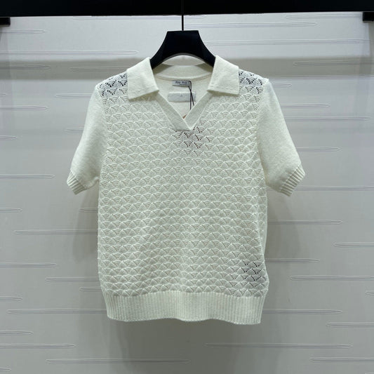 Miu Polo Half-Open Short-Sleeved Top Ivory Knit 343437