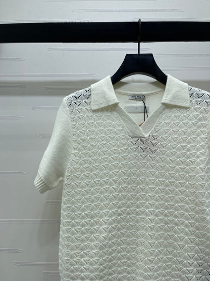 Miu Polo Half-Open Short-Sleeved Top Ivory Knit 343437