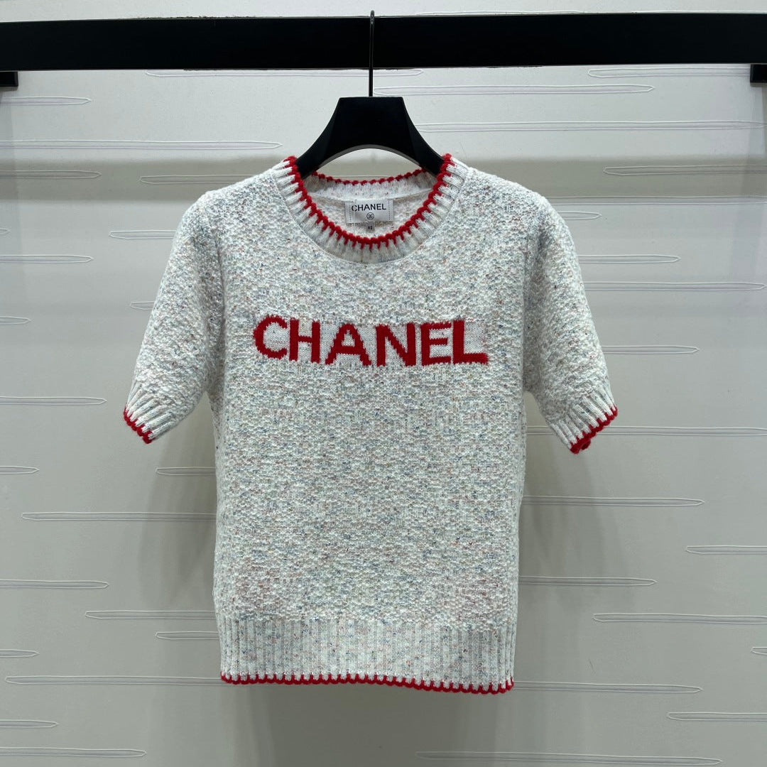 CC 26s Color-Blocked Woven Crew Neck Short-Sleeved Top Grey Red 344115
