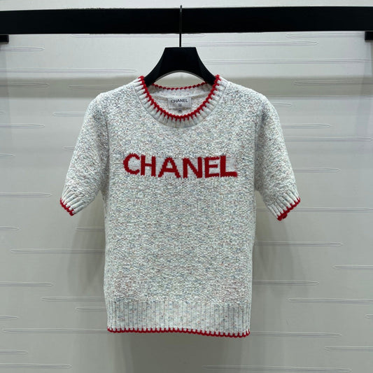 CC 26s Color-Blocked Woven Crew Neck Short-Sleeved Top Grey Red 344115