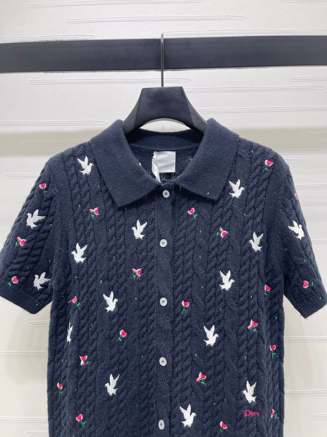CD SS26 Embroidered Knit Polo Shirt Bird Rose Navy Blue Cashmere 351083