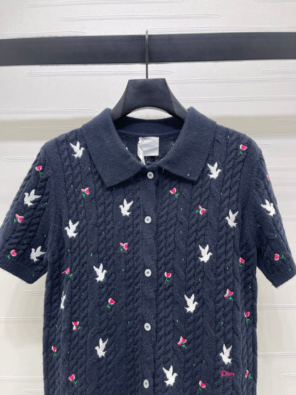 CD SS26 Embroidered Knit Polo Shirt Bird Rose Navy Blue Cashmere 351083